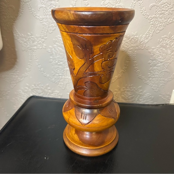 Handcrafted Wooden Vase Folk Art Wood Carved Floral Design 9” high 4.5” across - Picture 2 of 6